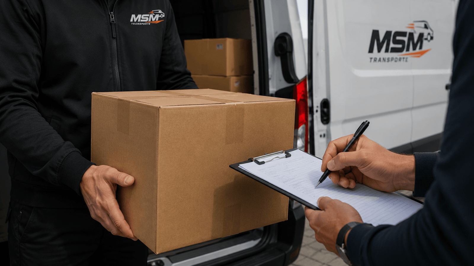 Firma del albarán junto a la furgoneta durante una entrega