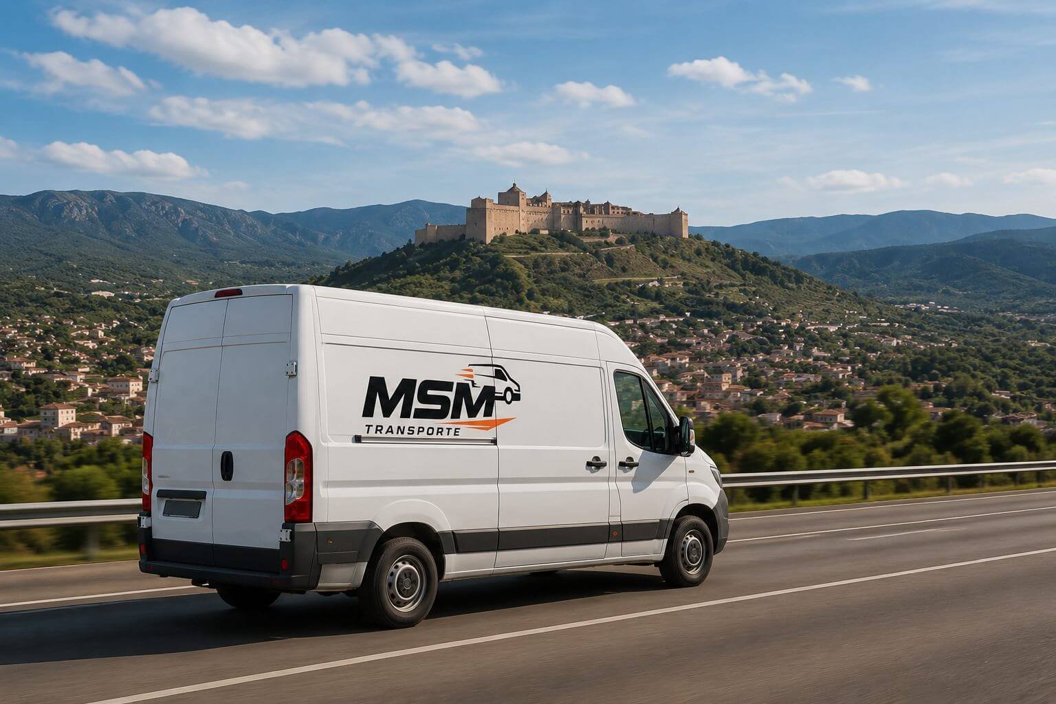 Furgoneta de MSM Transporte circulando por una carretera de Navarra