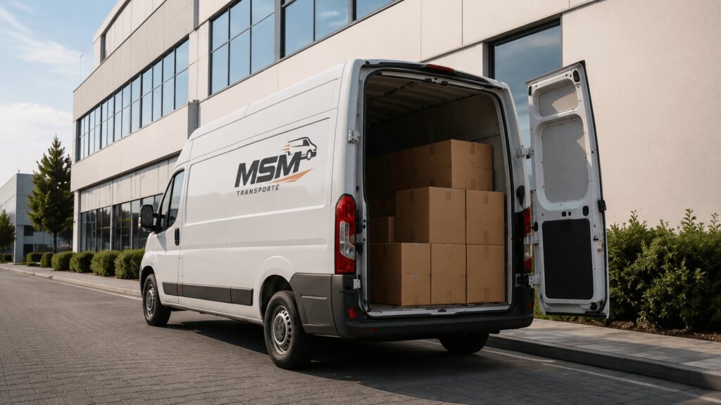 Furgón de MSM Transporte con las puertas traseras abiertas y la zona de carga ocupada por cajas