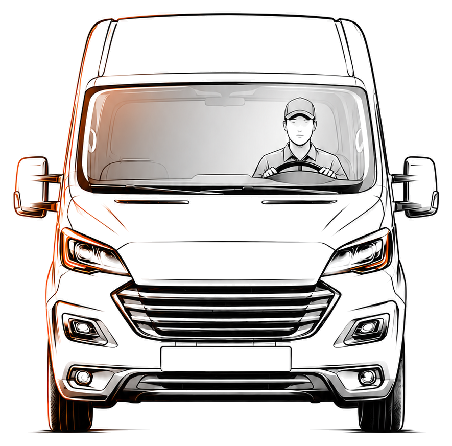 Ilustración de una furgoneta de MSM Transporte de frente, con líneas de velocidad, conducida por un transportista