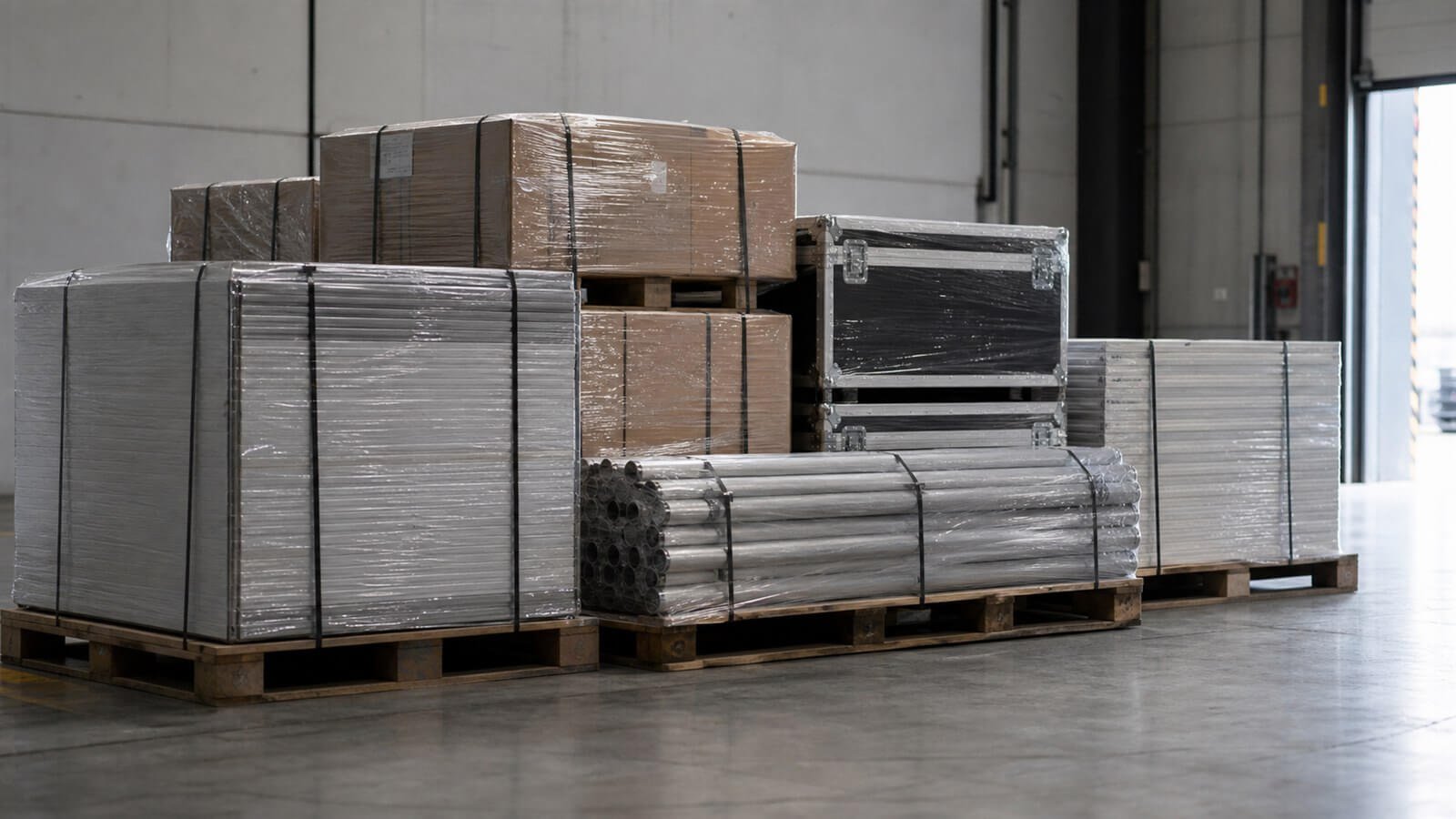 Paneles y tubos de aluminio, cajas y dos baúles negros con cantos metálicos, flejados y envueltos en film sobre palés