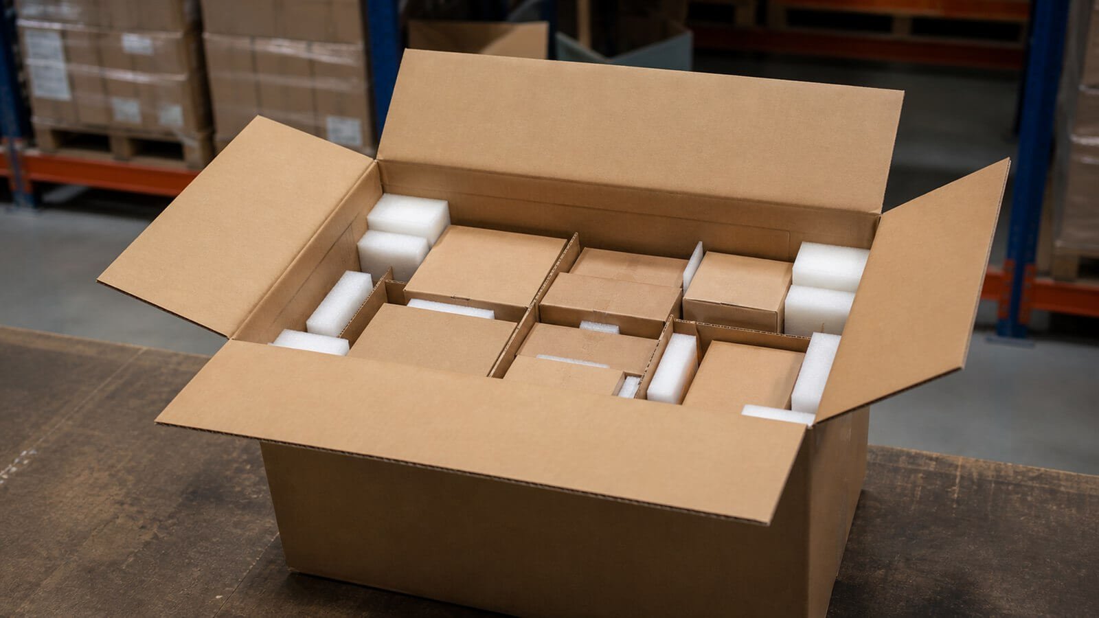 Caja de cartón abierta con cajitas separadas por divisores y tacos de espuma blanca, sobre una mesa de un almacén