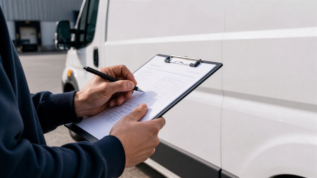 Escena editorial sobre albaran firma en transporte regional