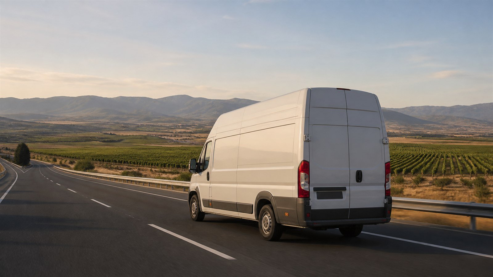 Furgoneta blanca en una carretera de la ruta Tudela – Logroño